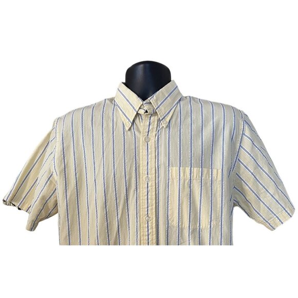Land's End men's yellow short sleeve button front shirt size M , blue stripes, - Picture 2 of 7